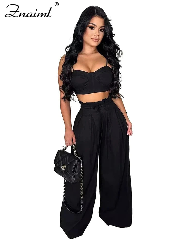black sets / L Znaiml Fashion Two 2 Piece Pants Sets Women Clothing Strap Sleeveless Top and Wide-leg Pants Elegant Streetwear Matching Suit
