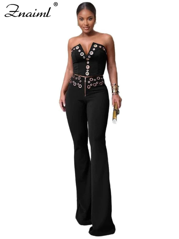 black sets / S Znaiml Off Shoulder V Neck Strapless Crop Tops and Wide Leg Pants Women 2 Pieces Matching Sets Elegant Birthday Party Outfits