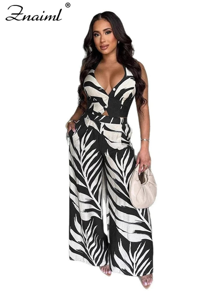black sets / S Znaiml Sexy Boho Leaf Printed Wide Leg Pants Sets for Women Halter Sleeveless Crop Tops and Trousers Two 2 Piece Vacation Outfit