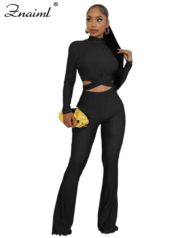 black sets / XL Znaiml Women's Full Sleeve Cross Hollow Out Crop Tops and Flare Pants Set Spring Fall Fitness Sports Blue Two 2 Piece Outfits