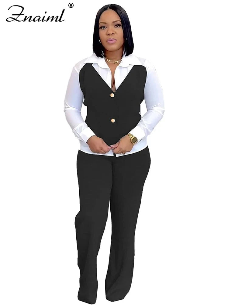 black sets / XXXL Znaiml Elegant Office Women's Long Sleeve Patchwork Vest Shirt and Straight Pants Two 2 Piece Sets Work Suits Matching Outfits