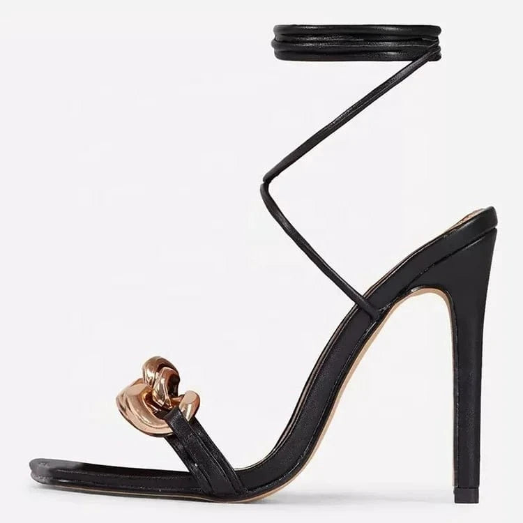 Black sexy leather sandals women's chain decoration sandals fashionable square toe stiletto heel lace-up women's shoes