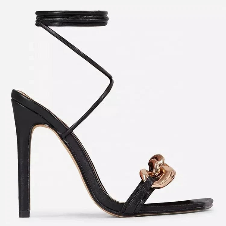 Black sexy leather sandals women's chain decoration sandals fashionable square toe stiletto heel lace-up women's shoes