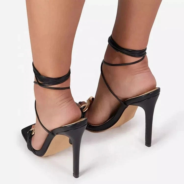 Black sexy leather sandals women's chain decoration sandals fashionable square toe stiletto heel lace-up women's shoes