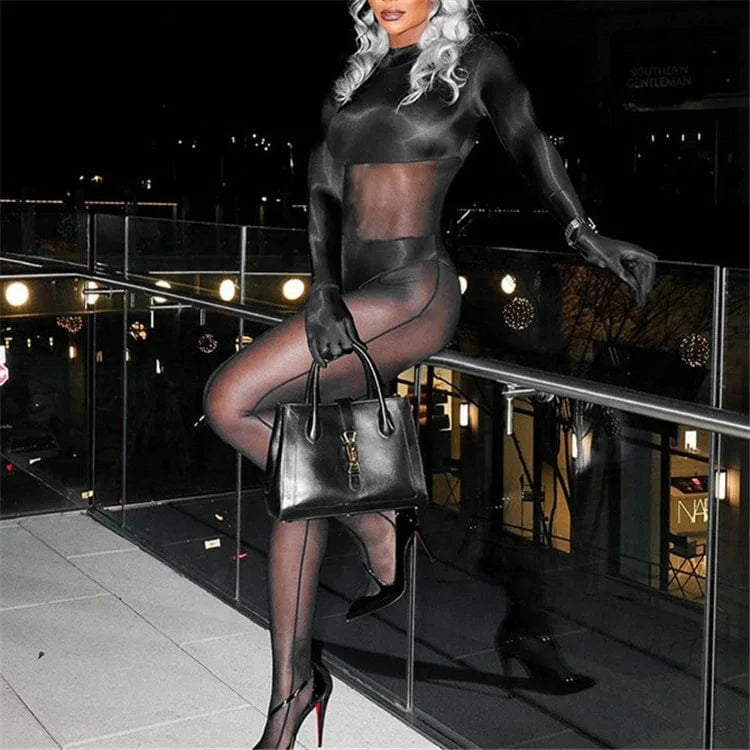 Black Sexy Mesh Patchwork Jumpsuits Night Club Outfit For Women 2024 Spring Long Sleeve High Waist Bodycon Jumpsuit