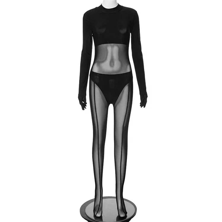Black Sexy Mesh Patchwork Jumpsuits Night Club Outfit For Women 2024 Spring Long Sleeve High Waist Bodycon Jumpsuit
