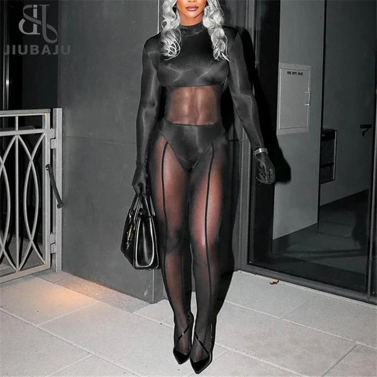Black Sexy Mesh Patchwork Jumpsuits Night Club Outfit For Women 2024 Spring Long Sleeve High Waist Bodycon Jumpsuit
