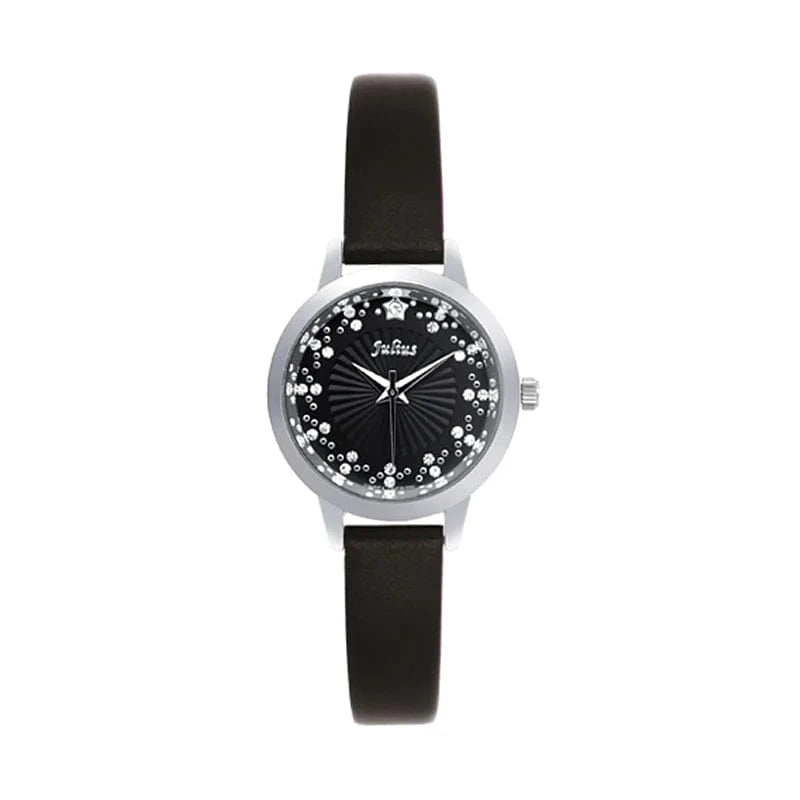 black Small Rhinestones Julius Lady Women's Watch Japan Quartz Elegant Fashion Hours Bracelet Leather Girl's Gift No Box