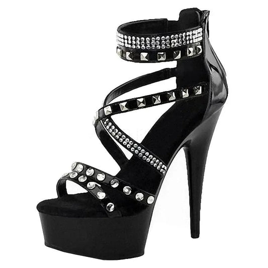 Black stiletto 15 cm rivet Gothic pole dance high heels striptease shoes T-stage model show open toe platform sandals