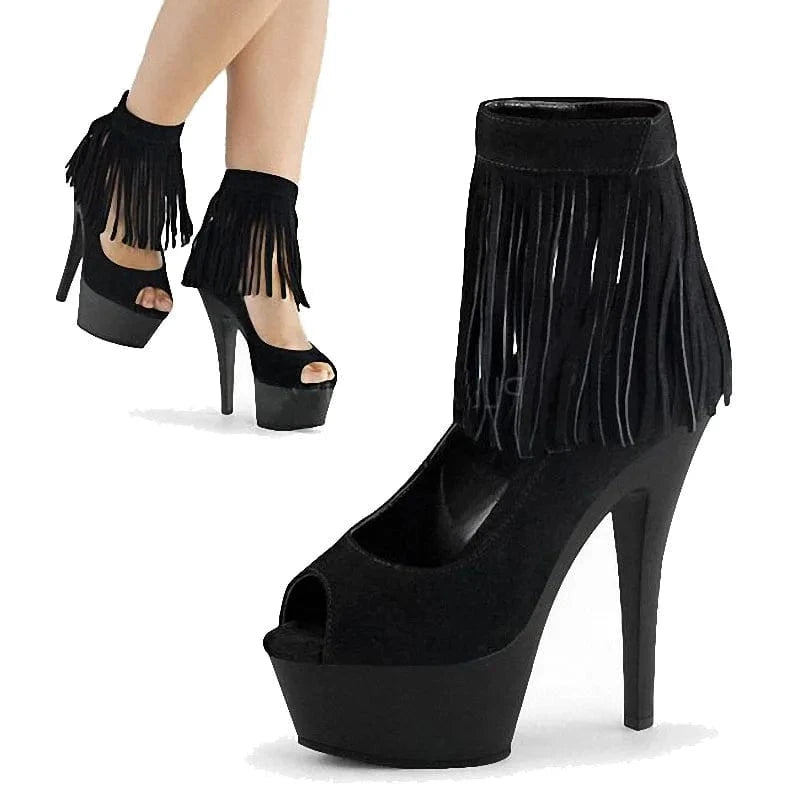 Black Suede punk 15 cm thin heel platform tassel fish mouth fashion short boots fashion high heels