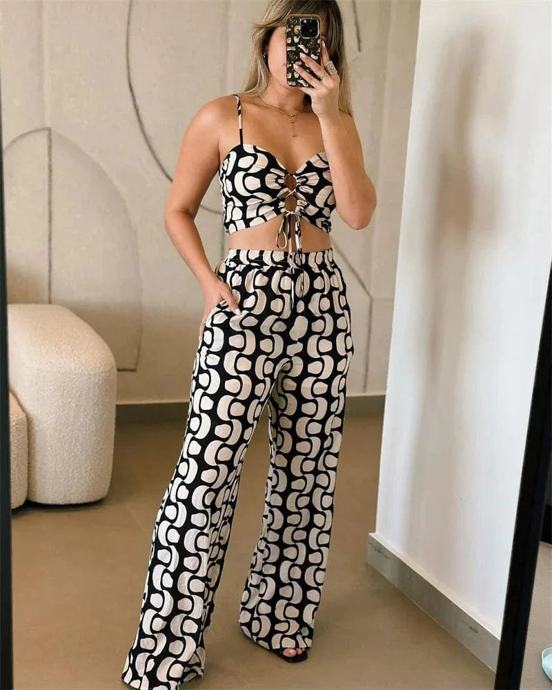 Black White Print 2 Piece Outfit Set Women Clubwear Hollow Out Spaghetti Strap Lace-up Crop Top and Wide Leg Pants Matching Sets