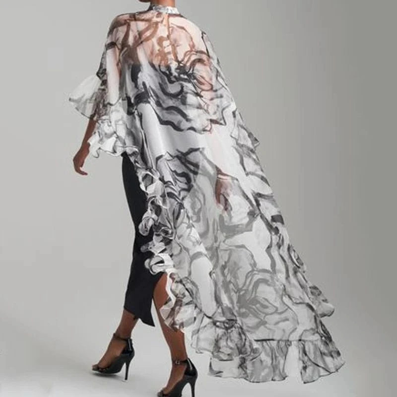 BLACK WHITE / S Fashion Vintage Cover-up Top Floral Flower Print Pleated See-Through Sun Protection High-low Loose Blouses Shirts Tops
