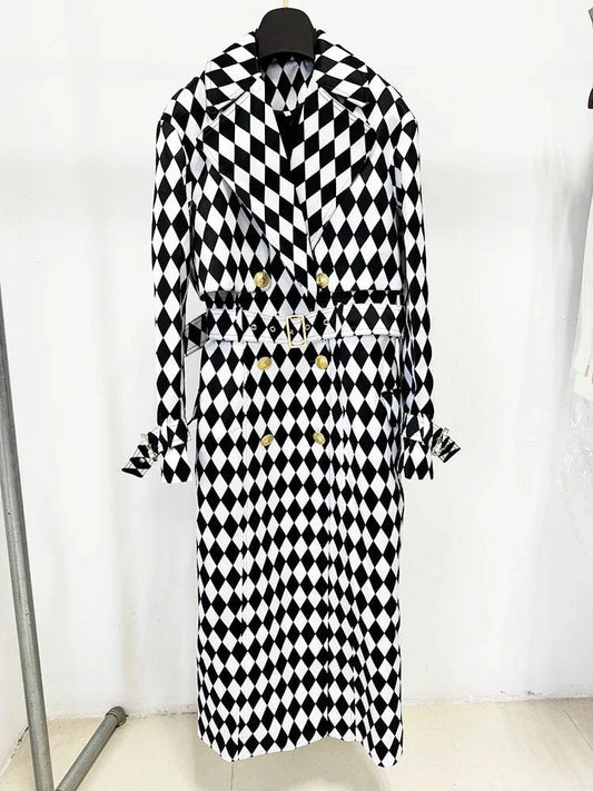 Black White / S HIGH STREET Newest Fall Winter 2024 Designer Overcoat Women's Rhombus Diamonds Printed Long Trench
