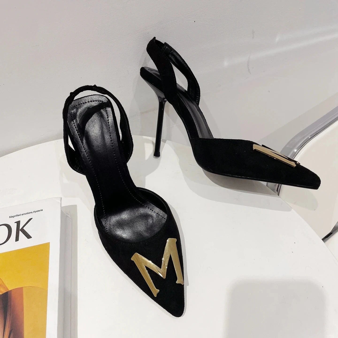 Black Woman Pumps Metal Square Buckle Women Heels Sexy Banquet Shoes Pointed Toe Stiletto Plus Size 42
