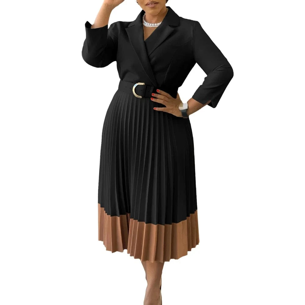 Black / XL 2024 Autumn Fashion Women Elegant Pleated Dress Suit Collar Long Sleeve Belt African Dresses Office Lady Pleat Church Dress