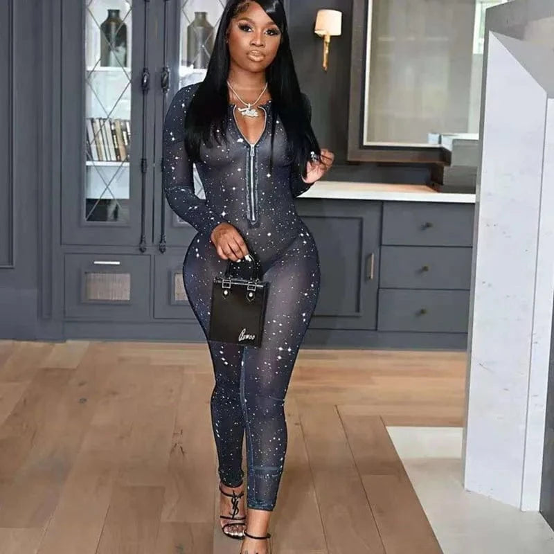 black / XL Galaxy Print Mesh Sheer Jumpsuit Women Overalls Front Zipper V-neck Bodycon Rompers Sexy Midnight Clubwear One Piece Outfits