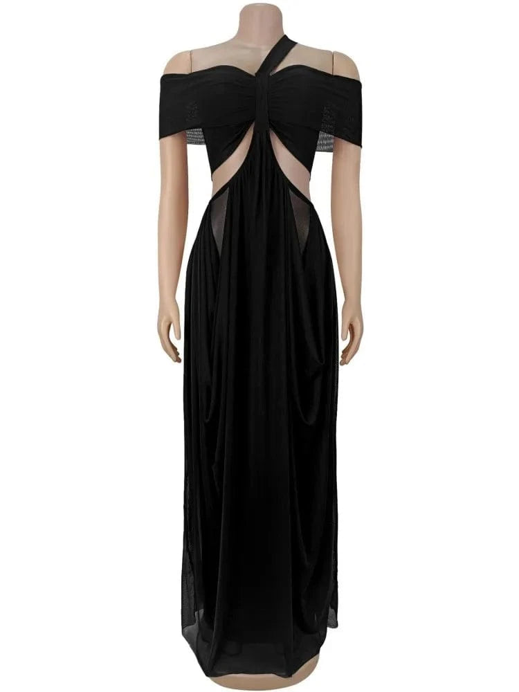 Black / XL Joskaa 2025 Women's Elegant One Shoulder Strapless Mesh Irregular Maxi Dress Sexy Hollow Backless Skinny Evening Gown Clubwear