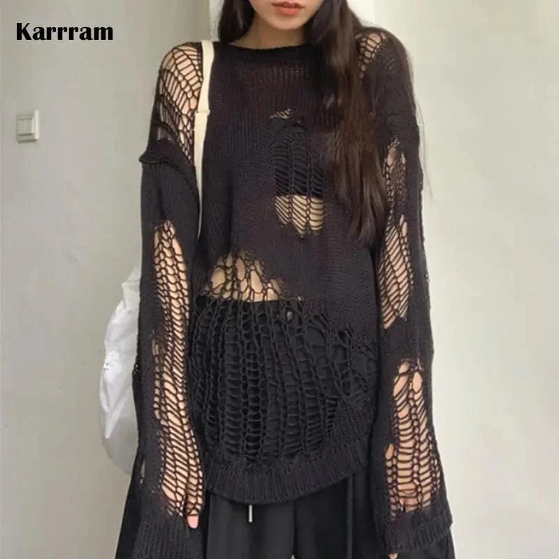 Black / XL Karrram Gothic Hollow Out Sweater Hole See Through Oversized Knitted Pullovers Emo Streetwear Grunge Clothes Y2k Tops Spring