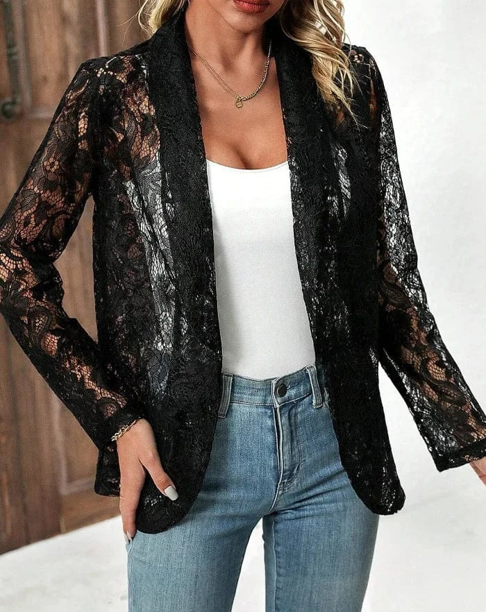 black / XL White Lace Hollow Out Women's Suit Coat Solid Open Stitch Blazers Outdoor Formal Business Jackets Lightweight Office Ladies Coat