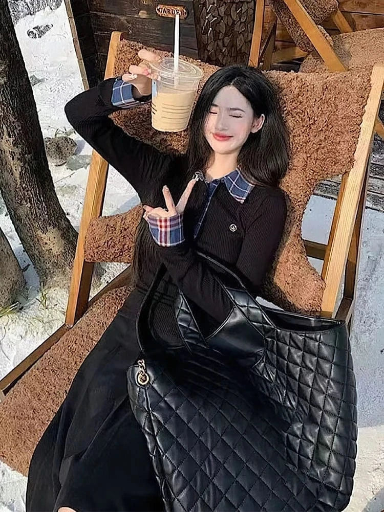black / XS Preppy Polo Neck Knit Long sleeve T shirt Women False 2 Piece Korean Fashion Plaid Top V neck Basic Blouses Tees 2025 New