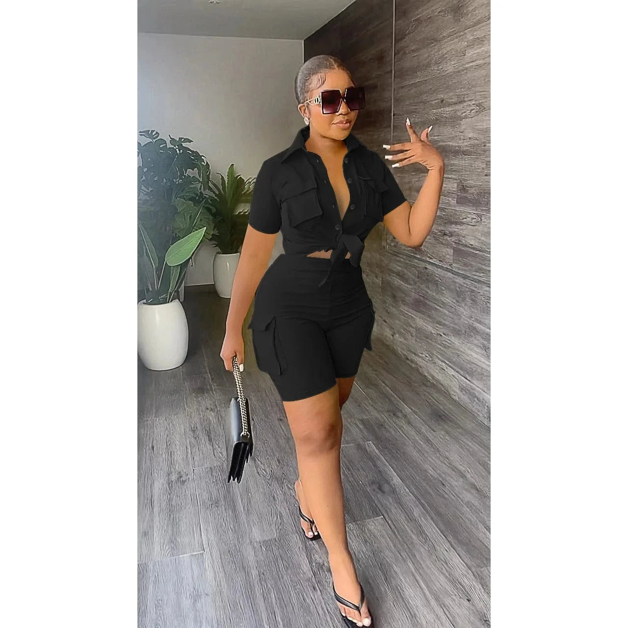 black / XXL Autumn Streetwear Casual 2 Two Pieces Sets Women Outfit 2023 Long Sleeve Buttons Crop Tops Black Pink White Pockets Shorts Suits