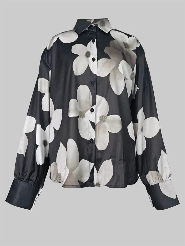 BLACK / XXL Beauty Blue Women's Elegant Blouses&shirts Floral Printed Tops Casual Long Sleeves Button Chic Loose Female Lapel Office Shirts