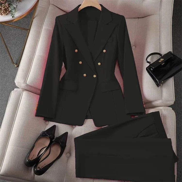 black / XXL Casual Long Sleeve Blazer Pant Sets Suits For Woman 2025 Fashion 2 Pieces Set For Women Office Lady Coats Jackets