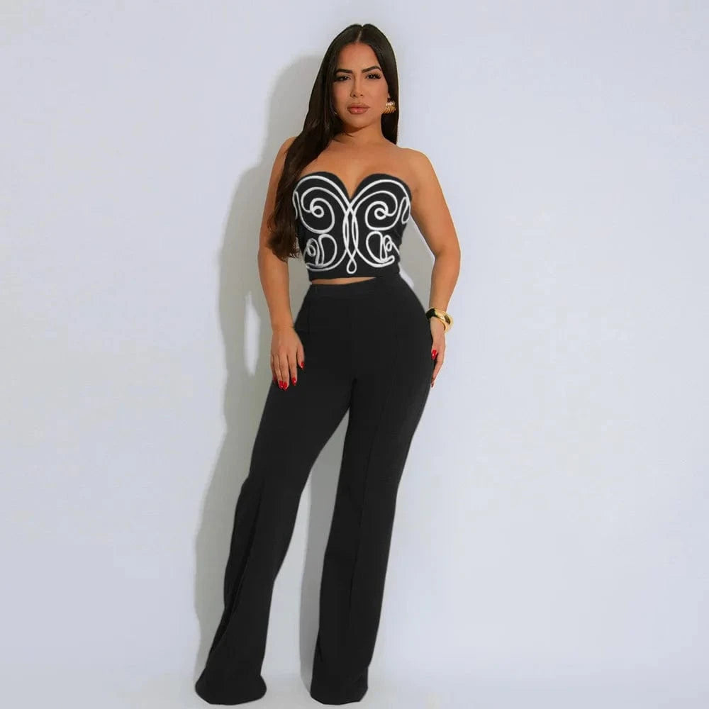 black / XXL CM.YAYA Sexy Party Women's Set Striped Splicing Strapless Crop Top and Wide Leg Pants 2025 Two 2 Piece Sets Outfit Tracksuits