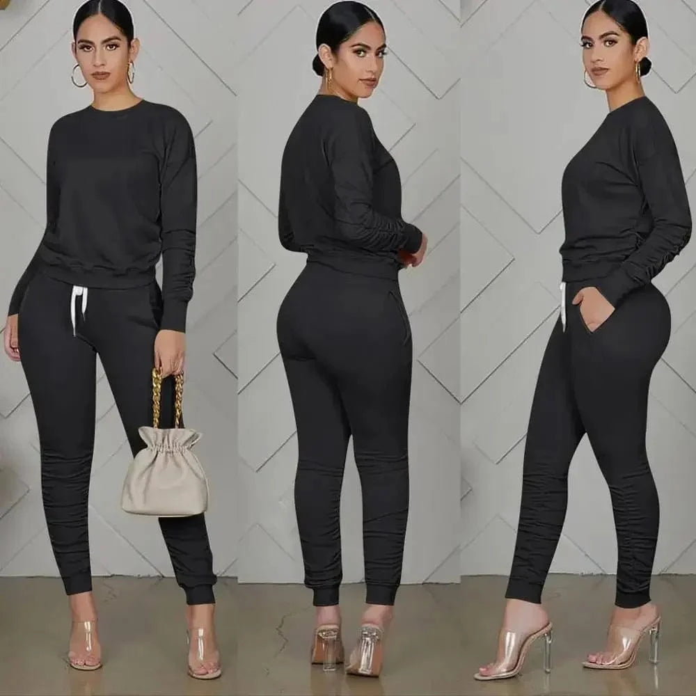 black / XXL New round Neck Long Sleeve Slim Fit Warm Top Elastic Waistband Lace-up Trousers Simple Solid Color Sports Two-Piece Set