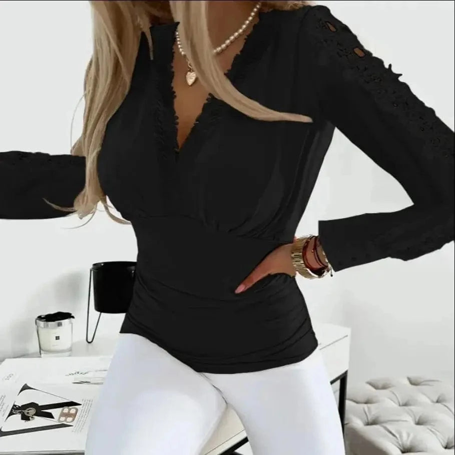 black / XXL Sexy Deep V-neck Lace Patchwork Shirt Women Fashion Solid Long Sleeve Bodycon Top Spring Autumn Ladies Hollow Out Shirts White