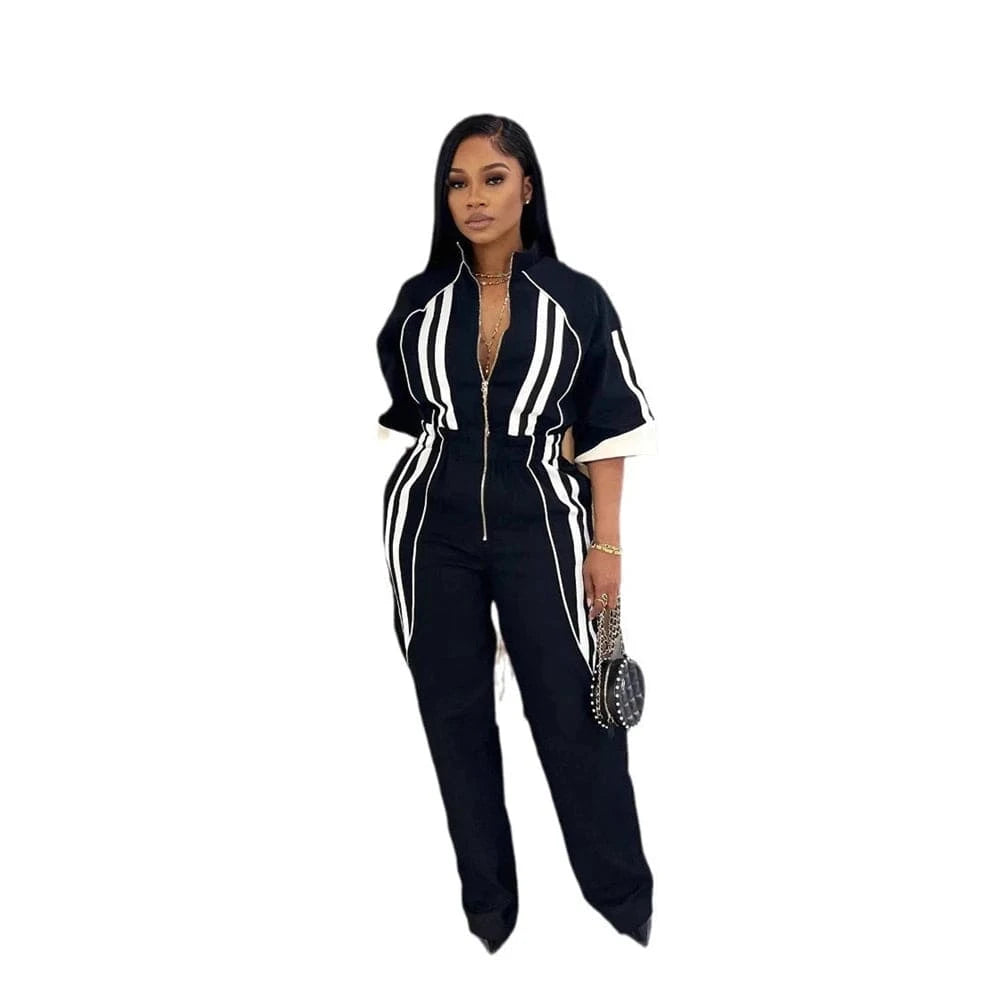 Black / XXL Women Jumpsuits for Spring Half Sleeve Zip Front Stripe Loose Trends Streetwear Overalls Wide Leg Pants Trousers 2025 Summer New
