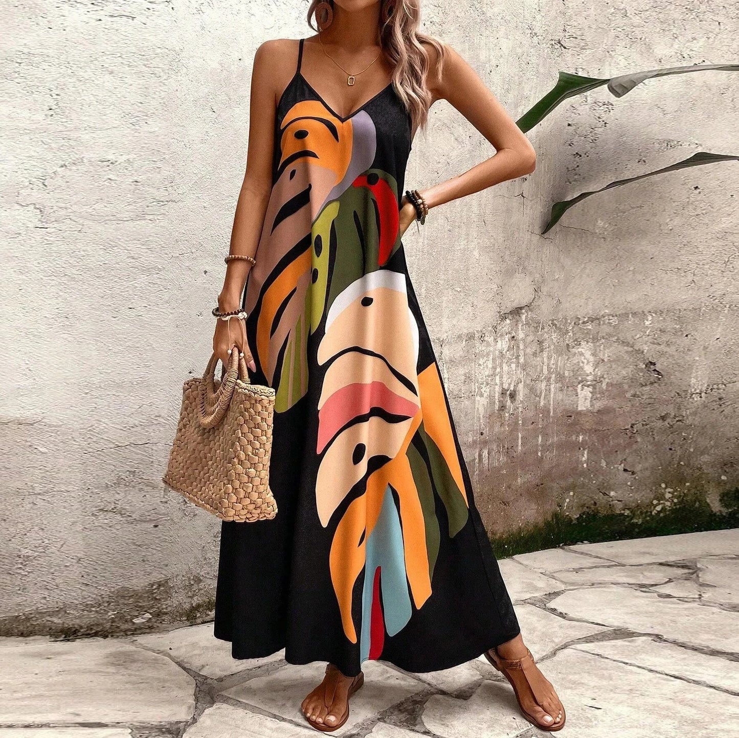 black / XXL Women's summer ultra long halter dress, stylish color leaf print, V-neck sleeveless, side pocket, adjustable shoulder length, pe