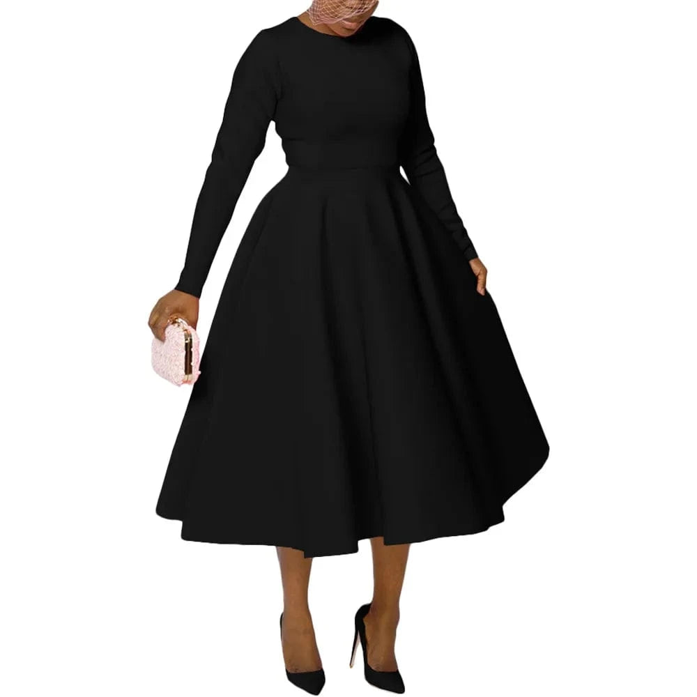 Black / XXXL Elegant Church Dresses for Woman 2025 Fall Long Sleeve O Neck High Waisted A-Line Midi Calf Party Cocktail Dress with Pockets
