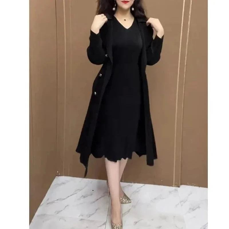 Black / XXXL Spring Autumn Fashion Slim Pleated Suit Collar Fake Two Piece Windbreaker Coat Comfortable Waist Shrinking Elastic Dress Belt