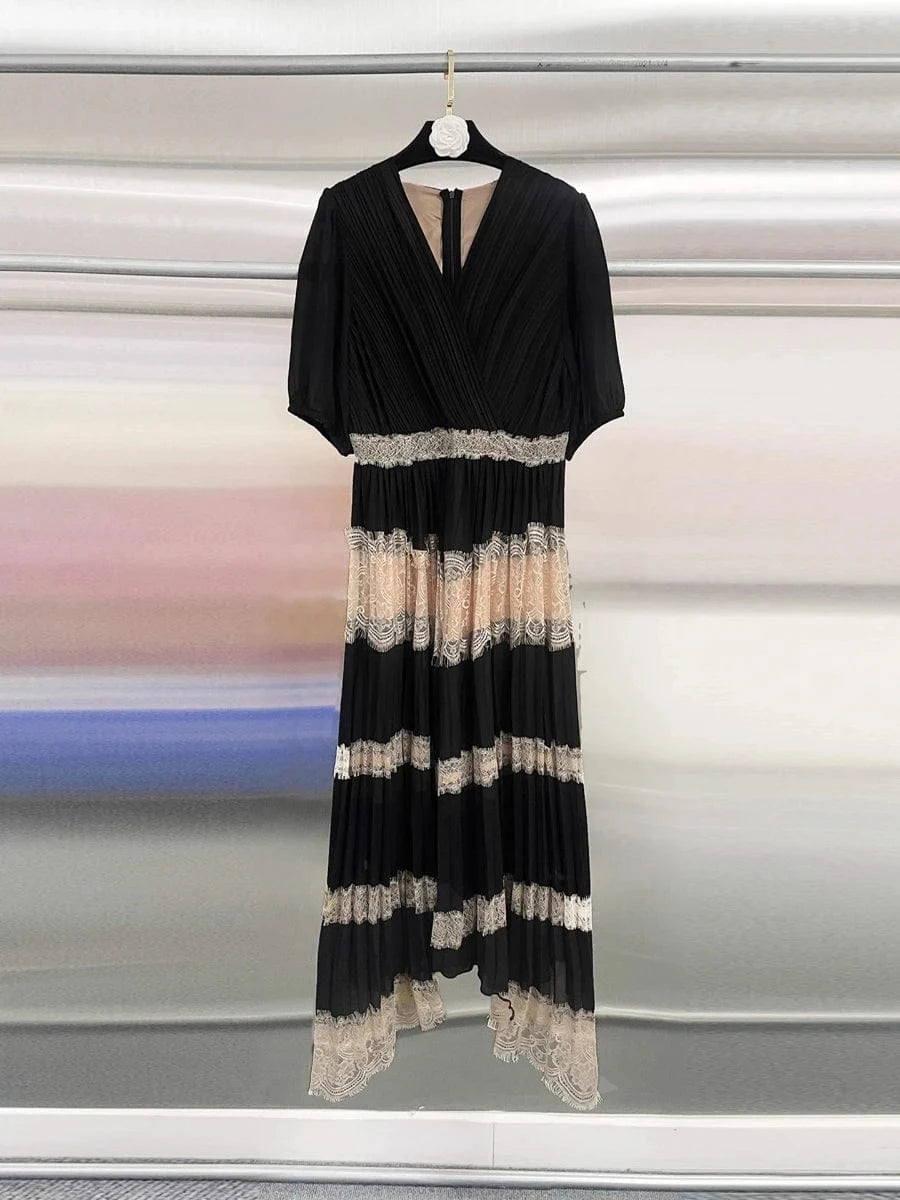 BLACK / XXXL VGH Hit Color Eleagnt Spliced Lace Dress for Women V Neck Short Sleeve High Waist French Retro Style Evening Long Dress Female