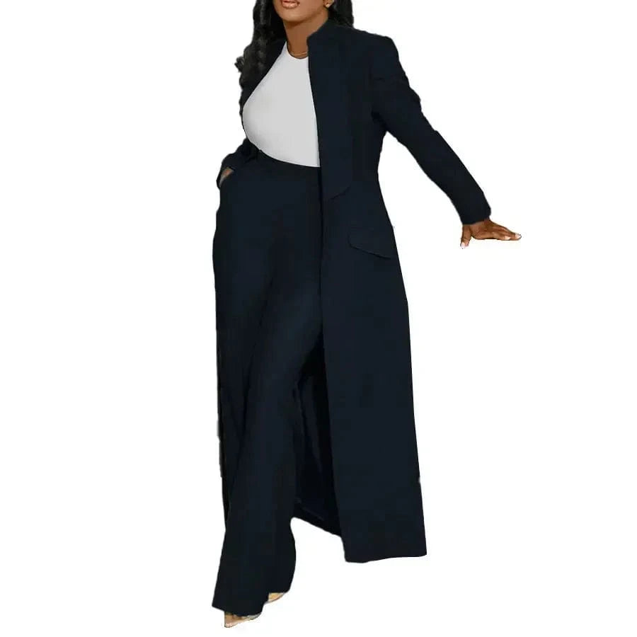 Black / XXXL Women's Set Full Sleeve X-Long Blazer Coat+ Long Pant Suit 2025 Spring Streetwear Two 2 Piece Set Africa OL Work Outfits