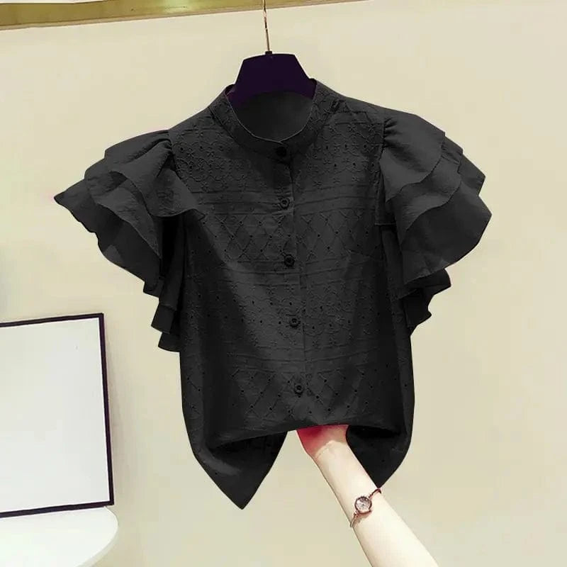 black / XXXL ZANZEA Korean Fashion Lace Shirt Women Ruffle Short Sleeves Tops 2024 Summer Designer Blouse Office Lady Lapel Neck Buttons Tops
