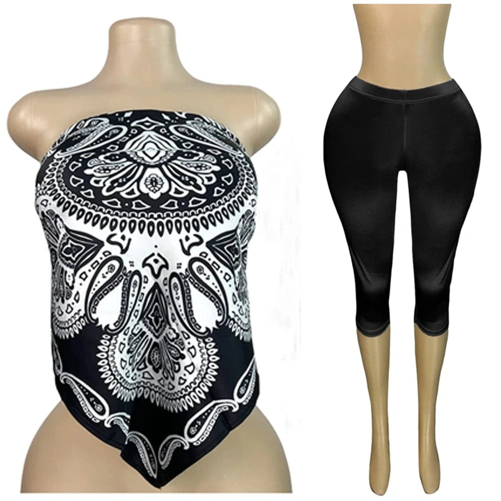 Black1 / XXL 2025 Summer 2 Piece Set Woman Outfits Backless Print Scarf Tops and Shorts Suits Streetwear Sexy Club Two Piece Matching Sets