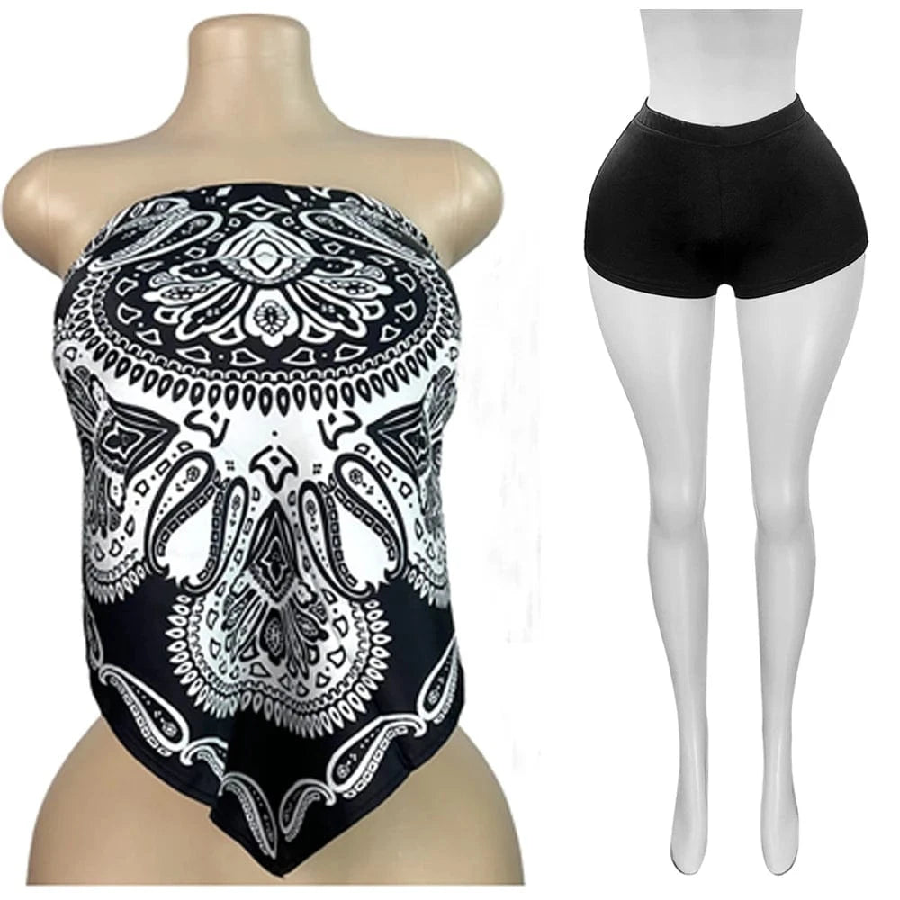 Black2 / M 2025 Summer 2 Piece Set Woman Outfits Backless Print Scarf Tops and Shorts Suits Streetwear Sexy Club Two Piece Matching Sets
