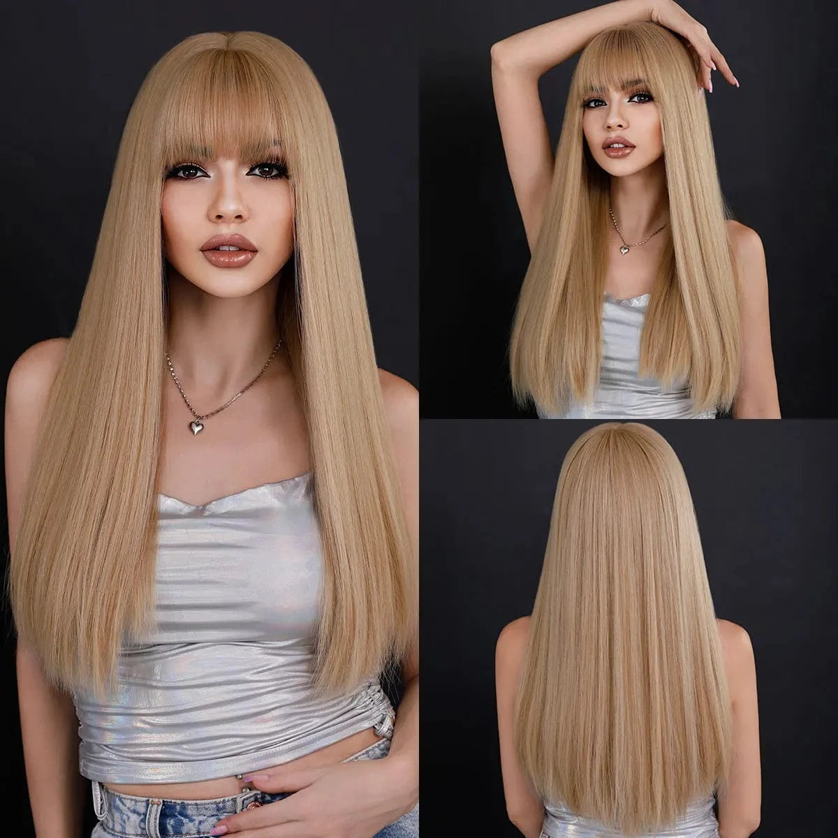 Blonde Highlights Pink Wig with Bangs Long Straight Wigs for Women,Heat Resistant Light Pink Synthetic Wigs Black Pink Hair