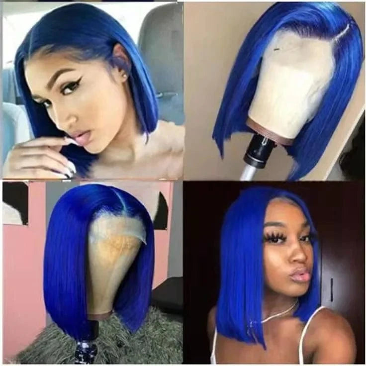 Blue / 10 Inches Green Blue Color Short Bob Cuticle Aligned Virgin Human Hair Transparent Lace Front Wigs