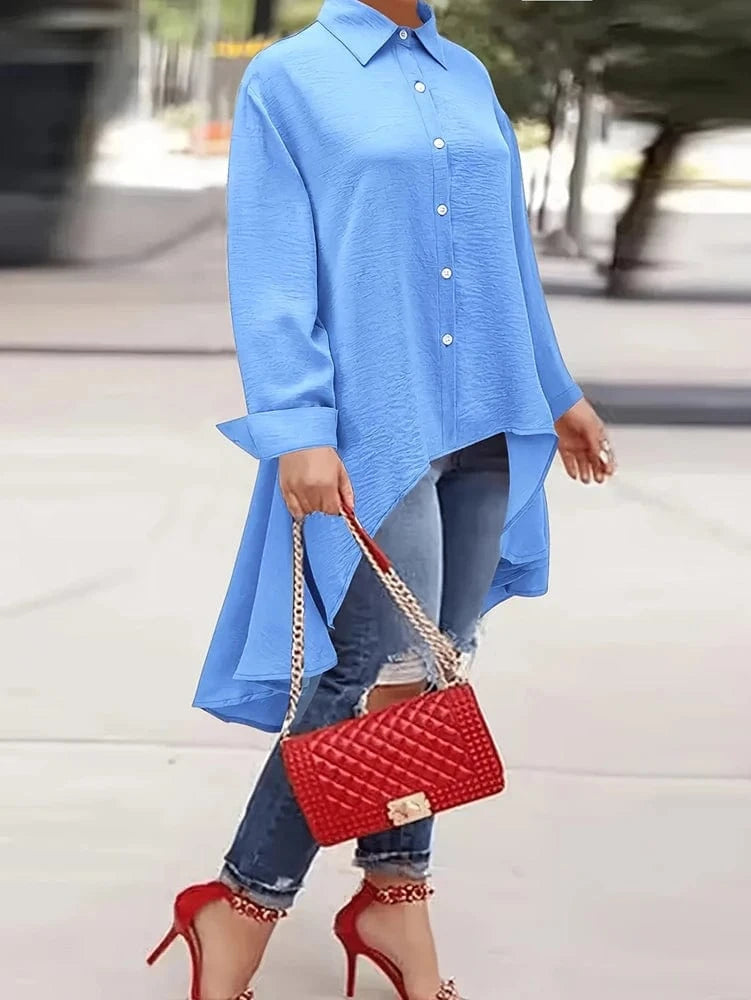 Blue / 1XL Plus Size 2025 Spring Summer New Women's Solid Color Single Breasted Lapel Tops Long Sleeve Loose Casual Shirt