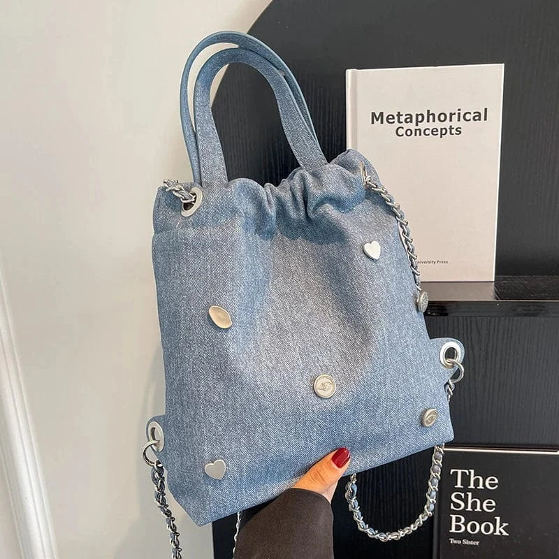 blue 2024 New Trendy Handbag Backpack Women Fashion Handbag Denim Casual Jean Tote Bag Shopping