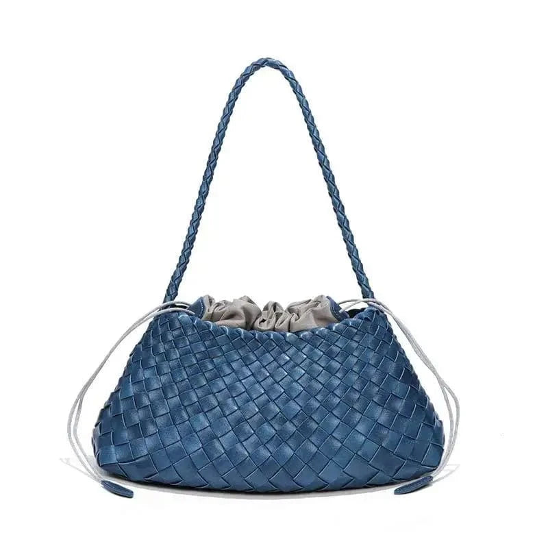 Blue 2025 Summer Luxury Woven Shoulder Bags for Ladies Fashion Handmade Woven Casual Braided Tote Hand Bag with Drawstring Purse