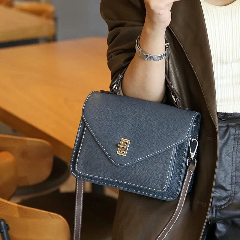 Blue / 21x7x16cm Women Natural Cow Genuine Leather Shoulder Bag Female Large Capacity Casual Crossbody Bag Lady Cowhide Fashion Commuting Handbag