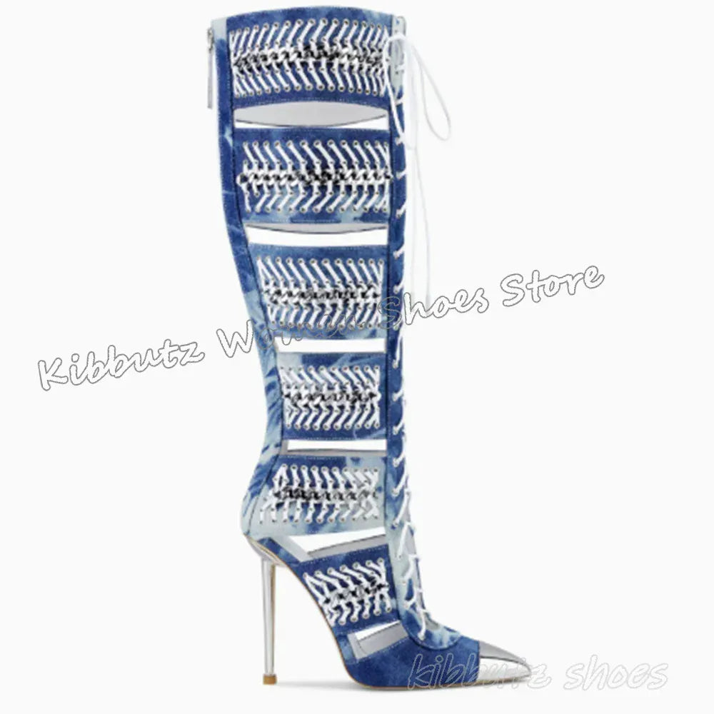 blue / 35 / CHINA Hollow Sandal Boots Knee High Denim Cloth Patchwork Lace-Up Mixed Color Fashion Elegant Concise Sexy Women Shoes New Pointy Heel