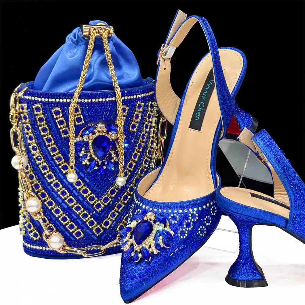 BLUE / 40 Turkey African Italian Luxury Fashion Party Ladies Shoes Set Women Matching Bag for Women