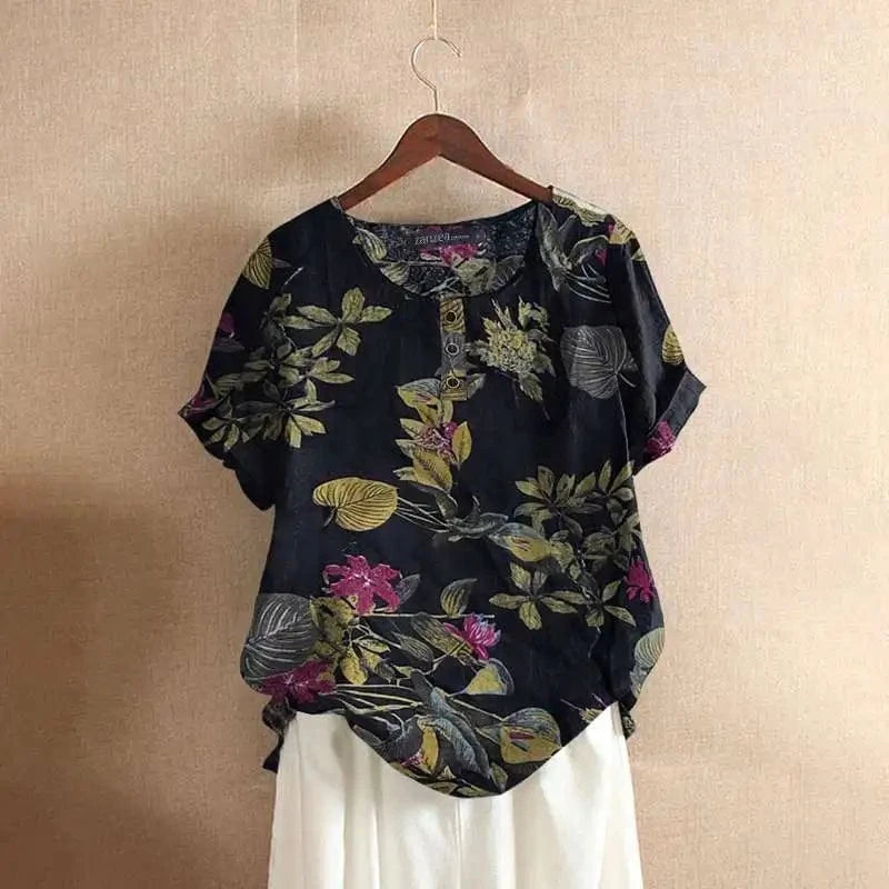 Blue / 4XL ZANZEA Women Cotton Shirt Fashion Floral Printed Tops Ladies Kaftan Chemise 2024 Summer Short Sleeve Blouses Causal O-neck Tunic