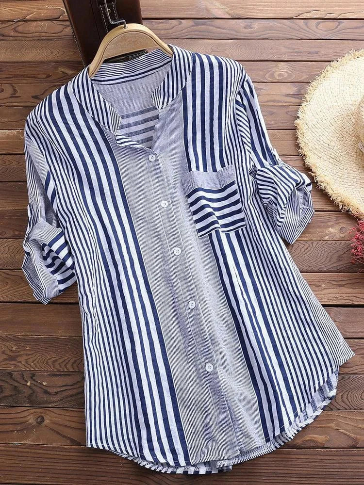 Blue / 5XL Women's Spring Fall Cotton Linen Long Sleeves Roll Up Striped Casual V Neck Button Down Shirts Blouses Collar Tunic Tops