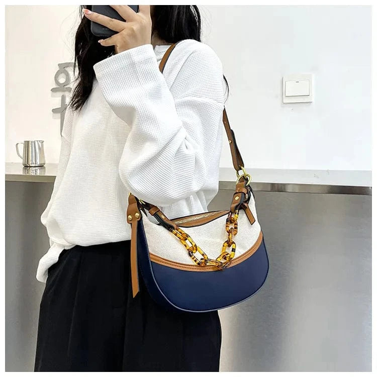 BLUE ARUBBIT Brand Acrylic Chain Canvas Stitching Pu Fashionable Ladies Shoulder Bags Women